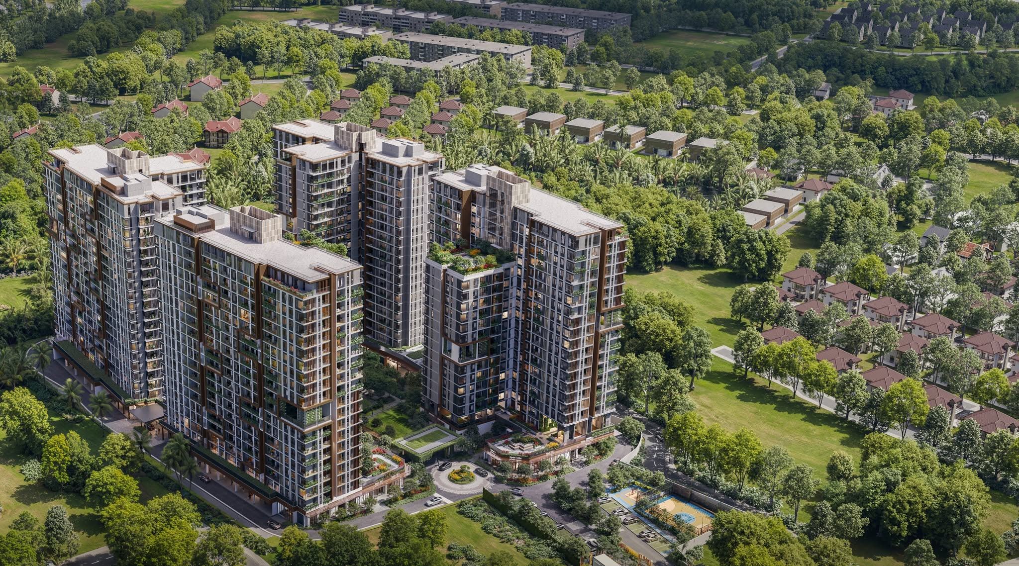 Aerial view of the four Elysian towers above the landscaped podium, with the sports court and the surrounding low-rise neighbourhood alongside