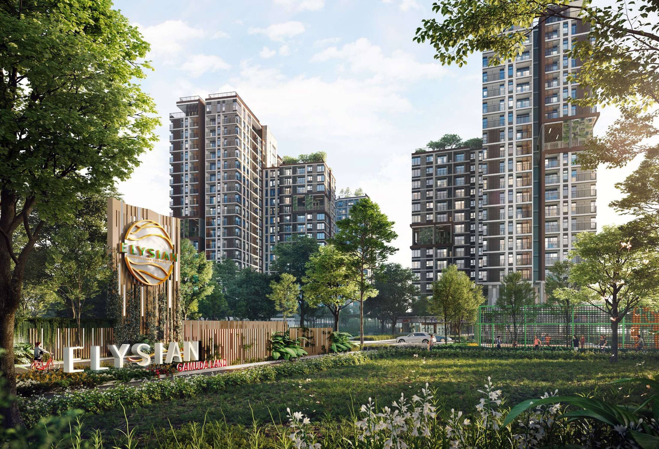 Elysian by Gamuda Land: overall view of the towers and the landscaped entrance with the Elysian emblem