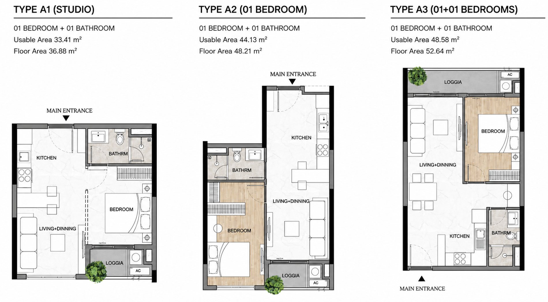 Elysian one-bedroom floor plans: type A1 studio 33.41 sq.m usable and 36.88 sq.m floor area, type A2 one bedroom 44.13 and 48.21 sq.m, type A3 one bedroom plus one 48.58 and 52.64 sq.m, each with one bathroom, kitchen, living and dining area and loggia