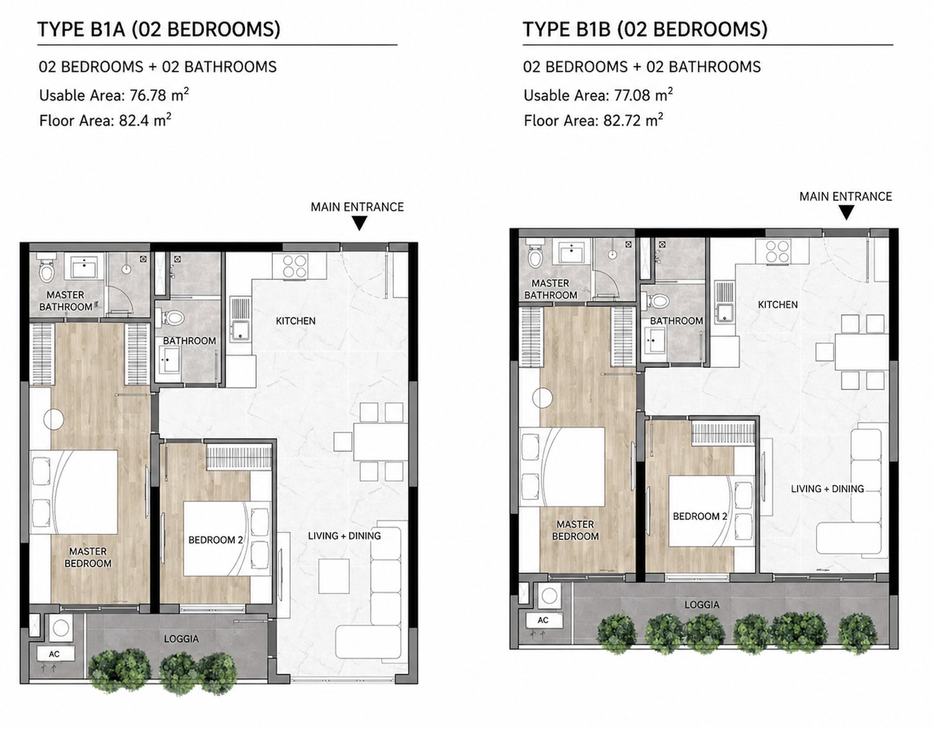 Elysian two-bedroom floor plans: type B1A 76.78 sq.m usable and 82.4 sq.m floor area, type B1B 77.08 and 82.72 sq.m, each with master bedroom and master bathroom, second bedroom, second bathroom, kitchen, living and dining area and loggia
