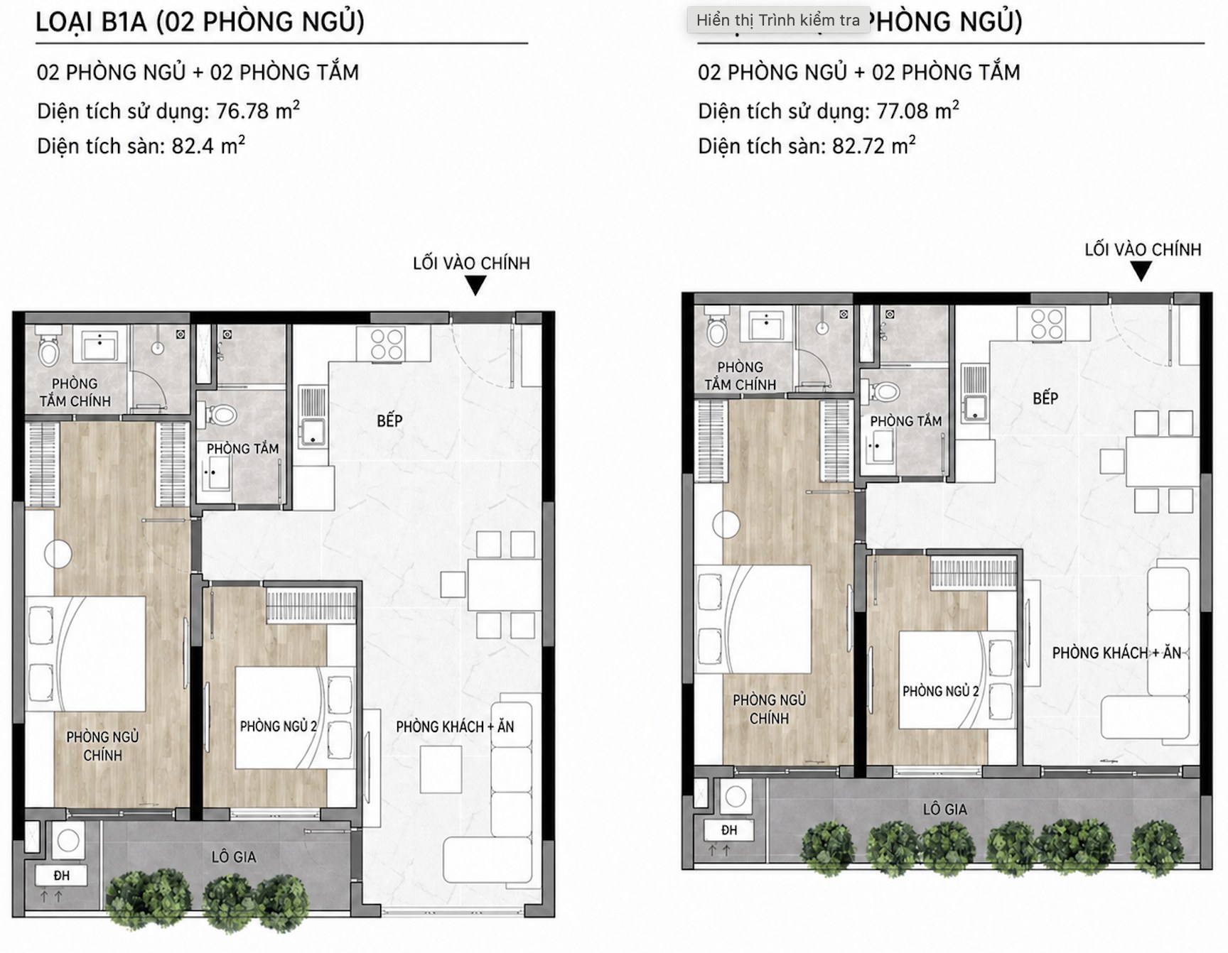 Mặt bằng căn hộ 2 phòng ngủ tại Elysian: loại B1A 76,78 m² thông thủy và 82,4 m² tim tường, loại B1B 77,08 và 82,72 m², mỗi căn có phòng ngủ chính kèm phòng tắm riêng, phòng ngủ thứ hai, phòng tắm thứ hai, bếp, khu khách &ndash; bếp và logia