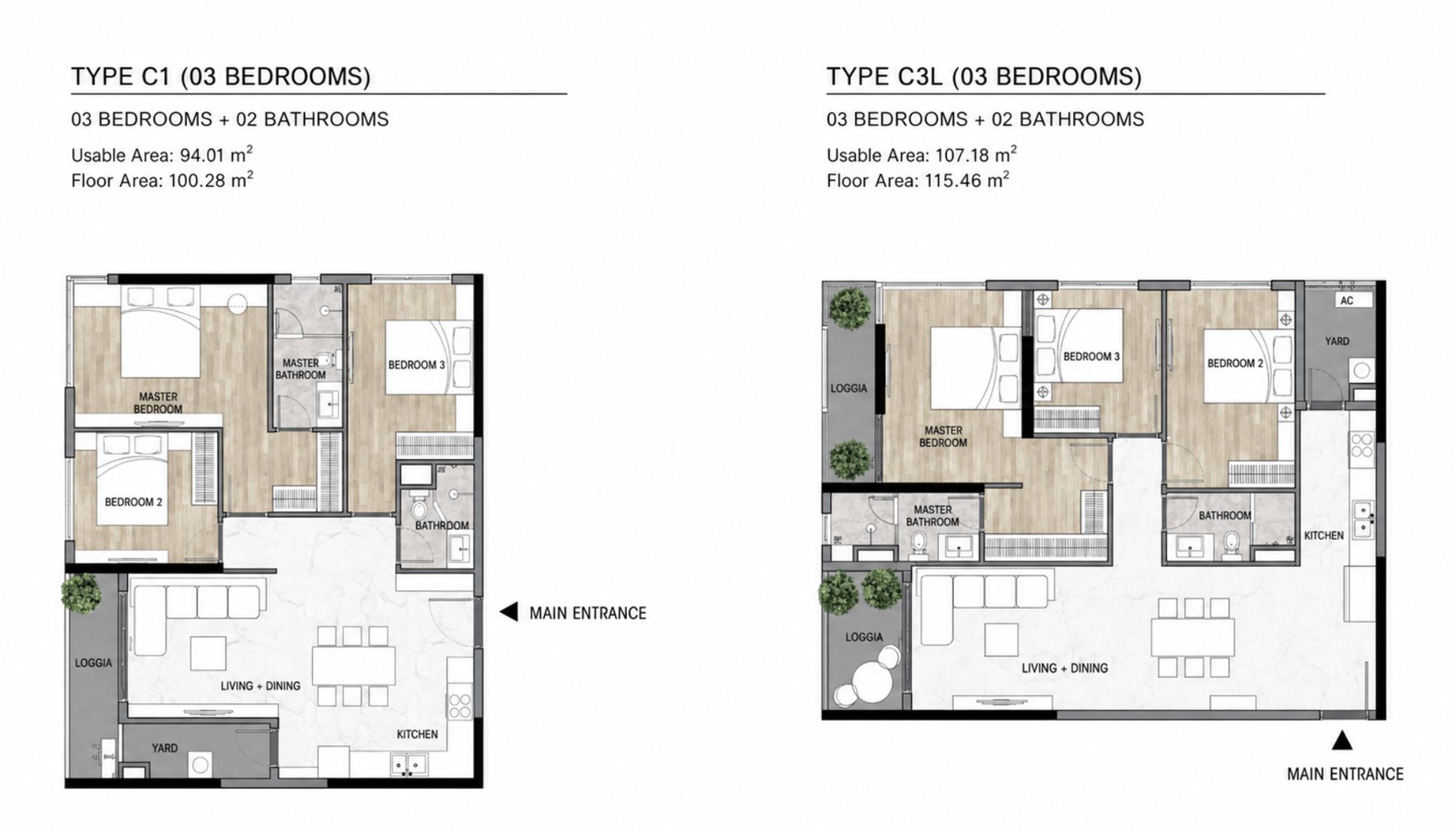 Elysian three-bedroom floor plans: type C1 94.01 sq.m usable and 100.28 sq.m floor area, type C3L 107.18 and 115.46 sq.m, each with master bedroom and master bathroom, two further bedrooms, second bathroom, kitchen, living and dining area, loggia and yard