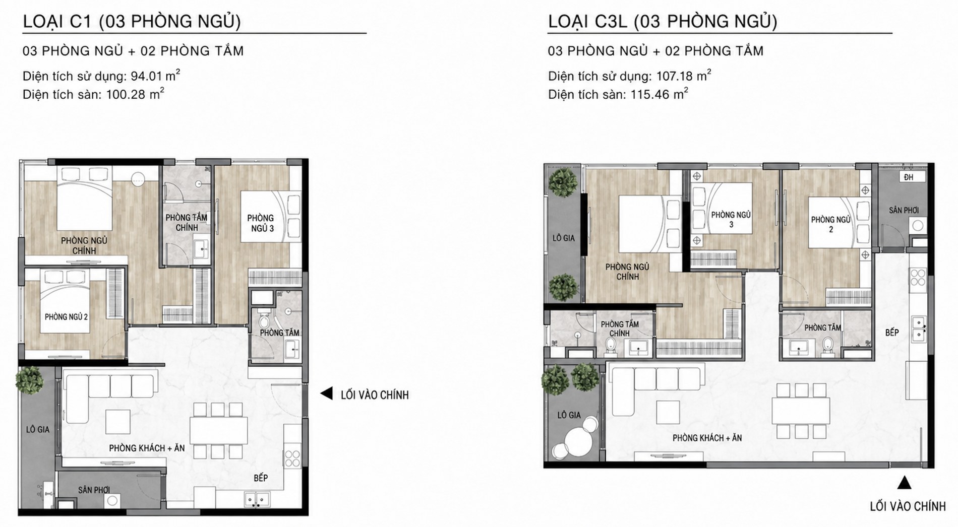 Mặt bằng căn hộ 3 phòng ngủ tại Elysian: loại C1 94,01 m² thông thủy và 100,28 m² tim tường, loại C3L 107,18 và 115,46 m², mỗi căn có phòng ngủ chính kèm phòng tắm riêng, hai phòng ngủ còn lại, phòng tắm thứ hai, bếp, khu khách &ndash; bếp, logia và sân phụ