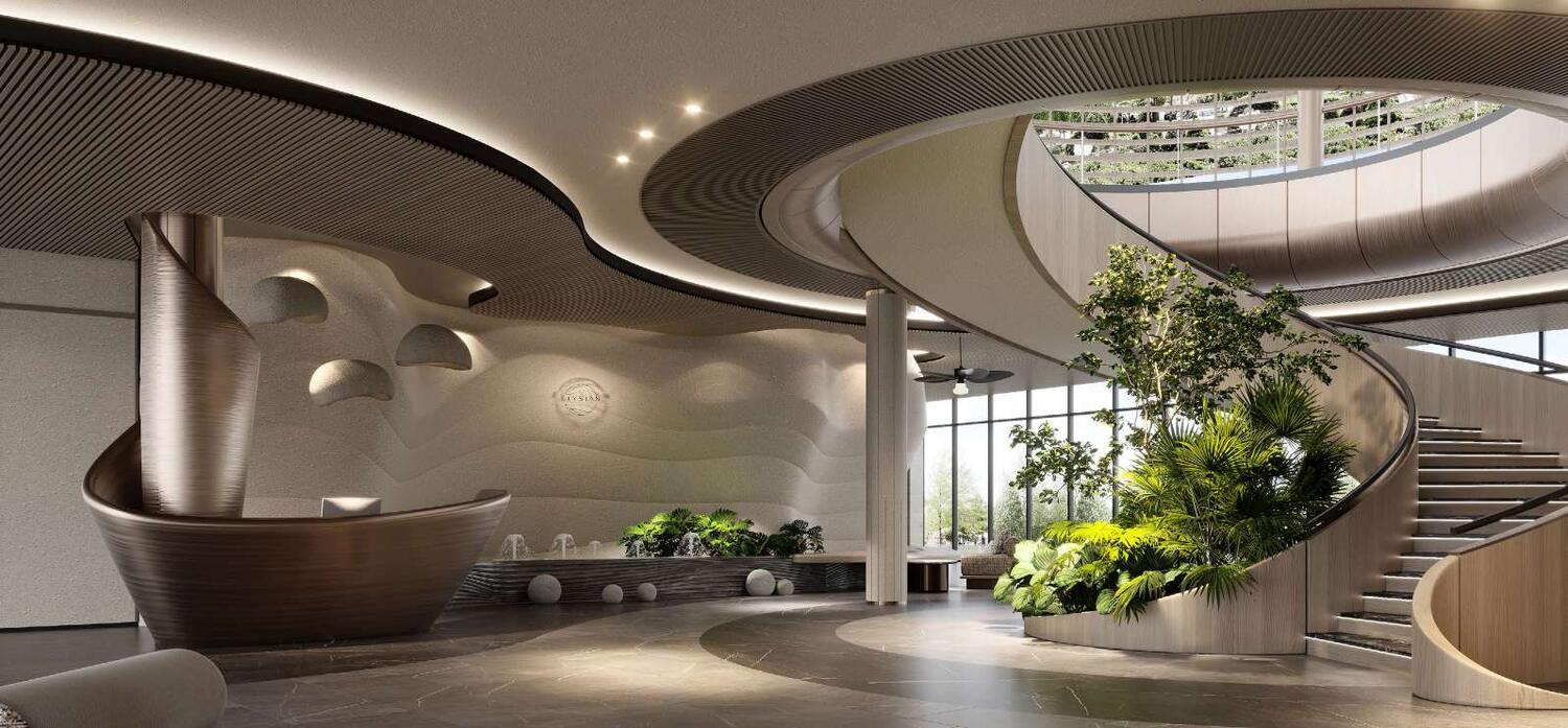 Sculptural double-height lobby interior at Elysian