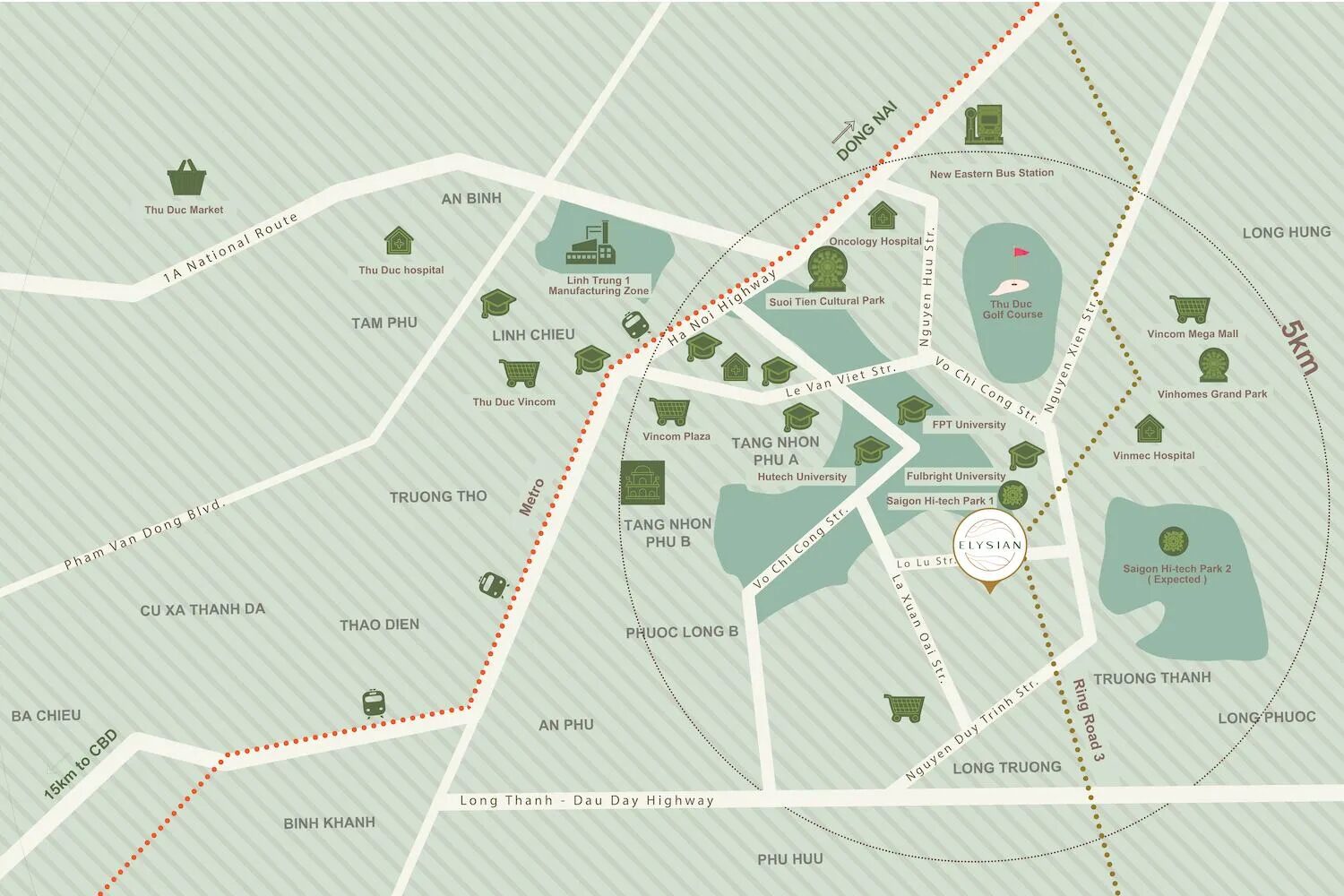 Illustrated location map of eastern Ho Chi Minh City showing Elysian on Lo Lu Street beside Saigon Hi-Tech Park, with Metro Line 1, Hanoi Highway, Ring Road 3, the Long Thanh expressway, universities, hospitals, malls and Vinhomes Grand Park
