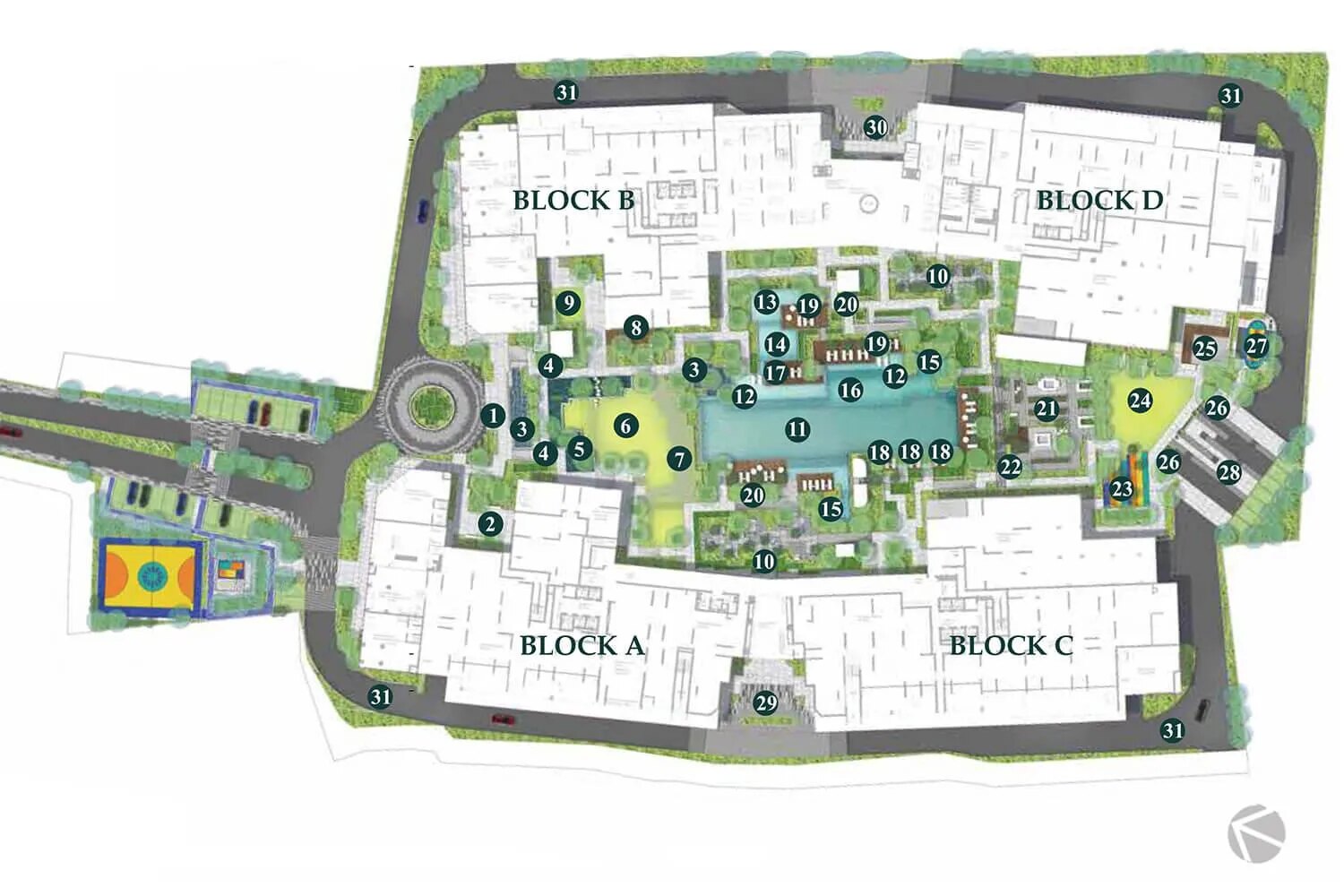 Elysian master plan: Blocks A, B, C and D enclosing the Olympic pool, jacuzzi, children&rsquo;s pools, urban farm, playgrounds, kindergarten, basketball court and landscaped gardens