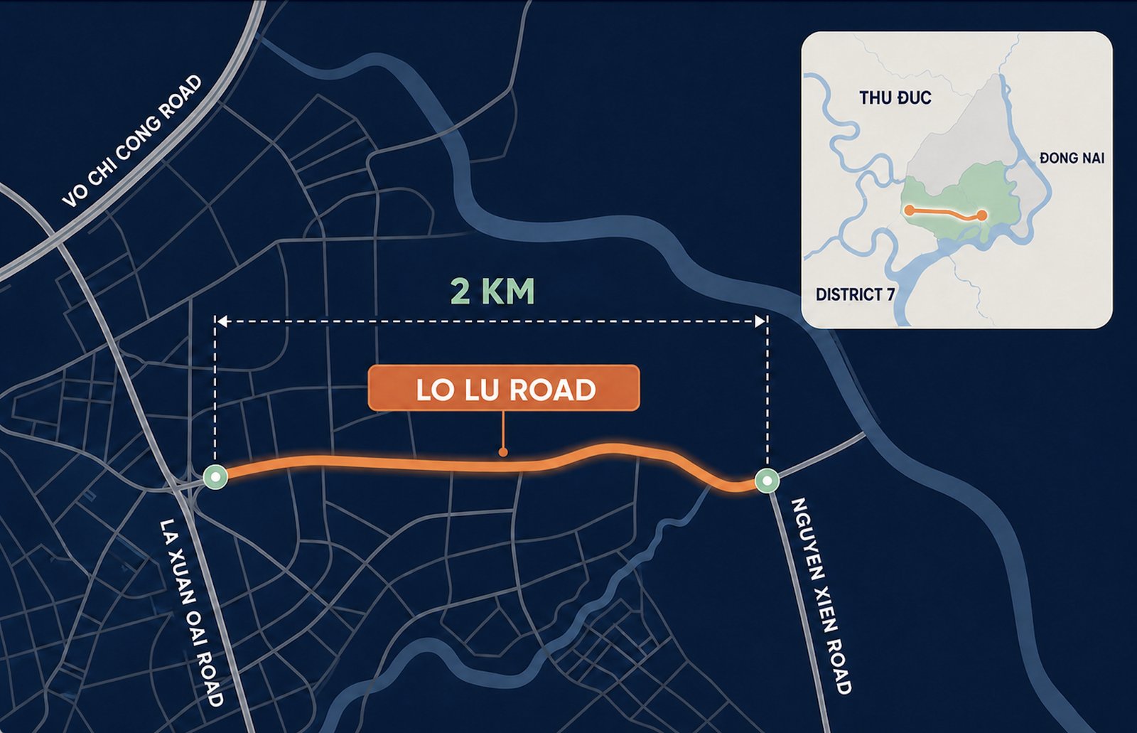 Map of the two-kilometre upgraded section of Lo Lu Road in eastern Ho Chi Minh City, between La Xuan Oai and Nguyen Xien streets