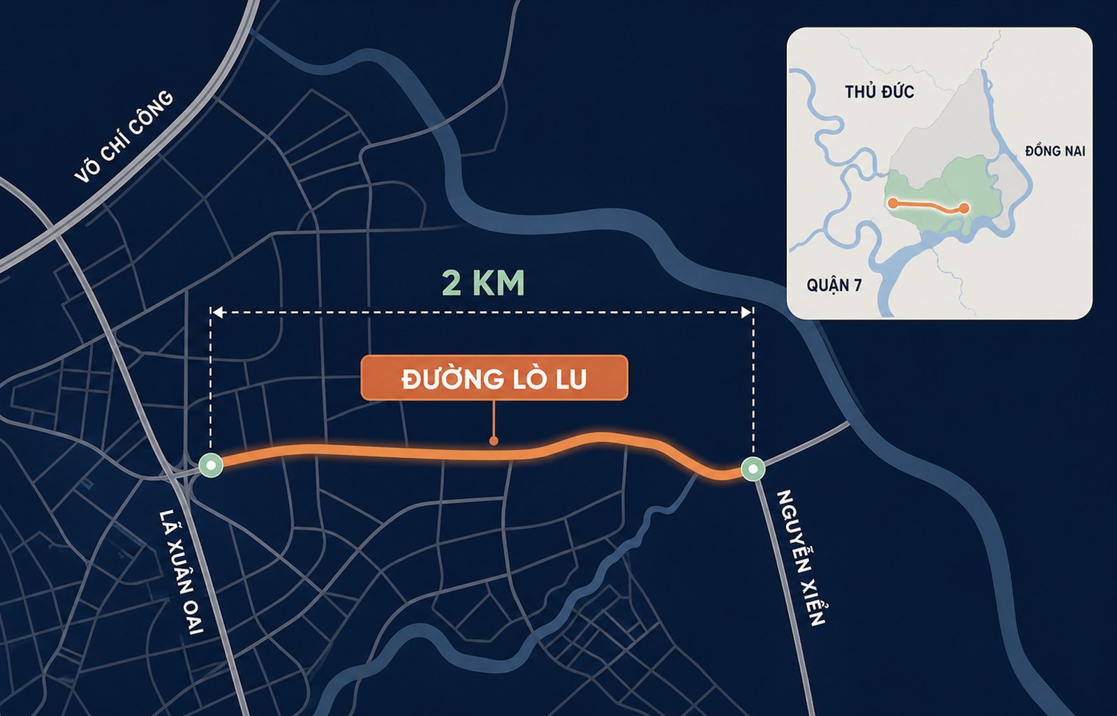 Bản đồ đoạn đường Lò Lu dài 2 km vừa được nâng cấp tại khu Đông TP. Hồ Chí Minh, giữa đường Lã Xuân Oai và Nguyễn Xiển
