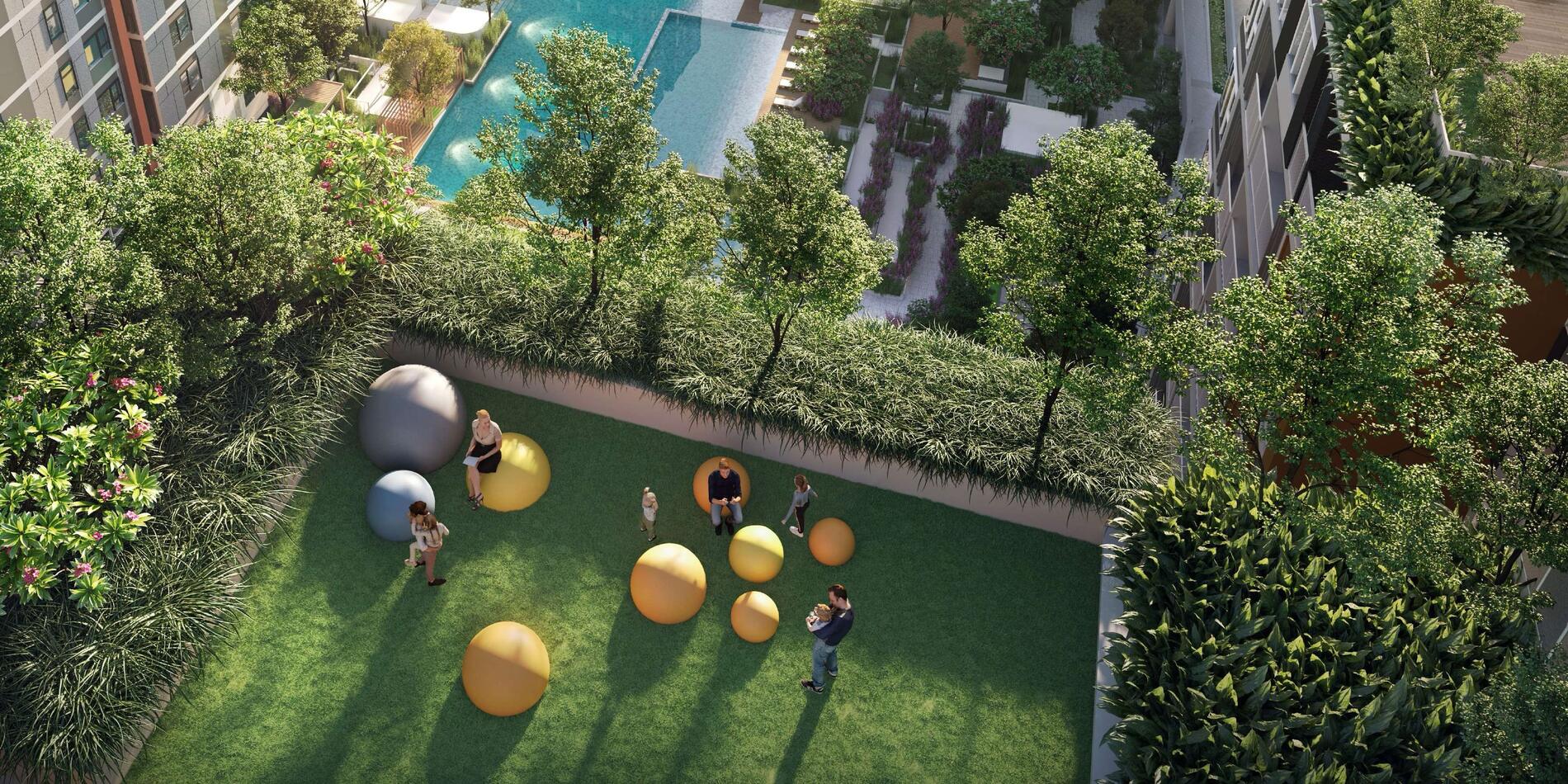 Aerial view of Elysian showing the central green podium between the towers