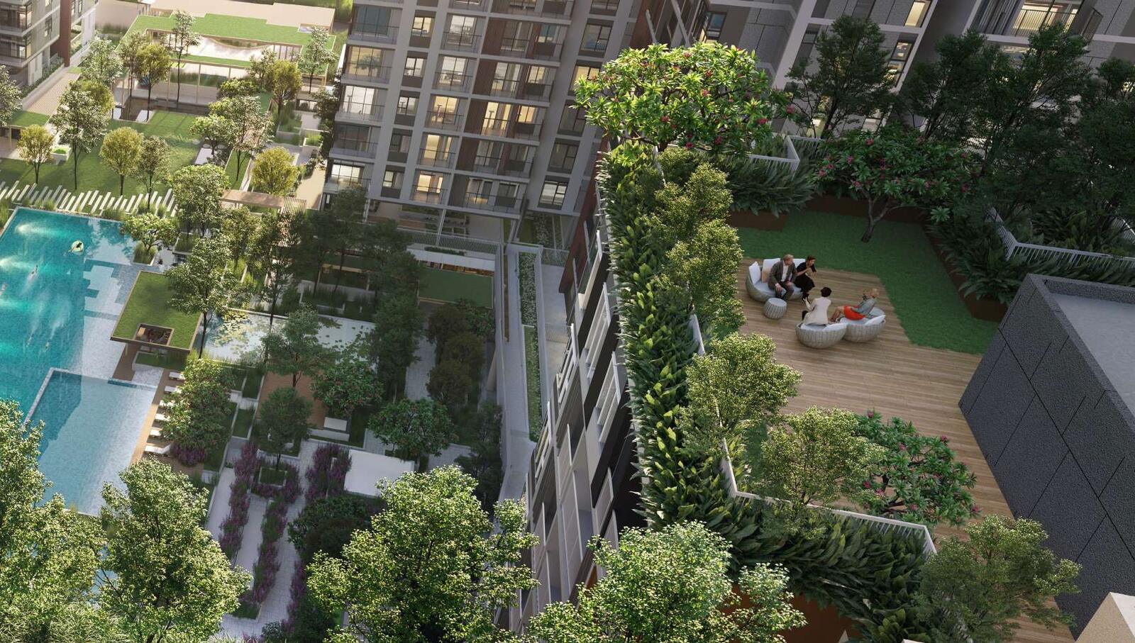 The landscaped podium and sky gardens between the Elysian towers