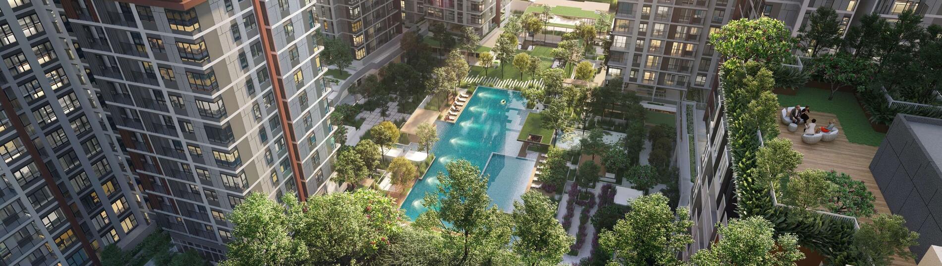 Aerial view over the whole pool cluster and the landscaped podium between the four towers