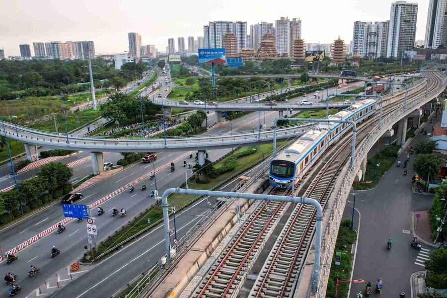 A Metro Line 1 train on the elevated Ben Thanh to Suoi Tien alignment