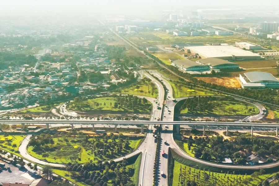 Aerial view of a ring road interchange in eastern Ho Chi Minh City